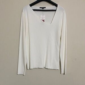 Cyrus Women's Cream Long Sleeve V-Neck Top sweater soft cozy L casual office Y2K